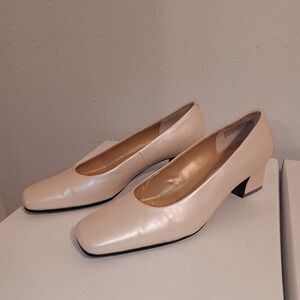 SRO Leather Block Heel Pumps Beige Square Toe Women's 9N Vintage Classic